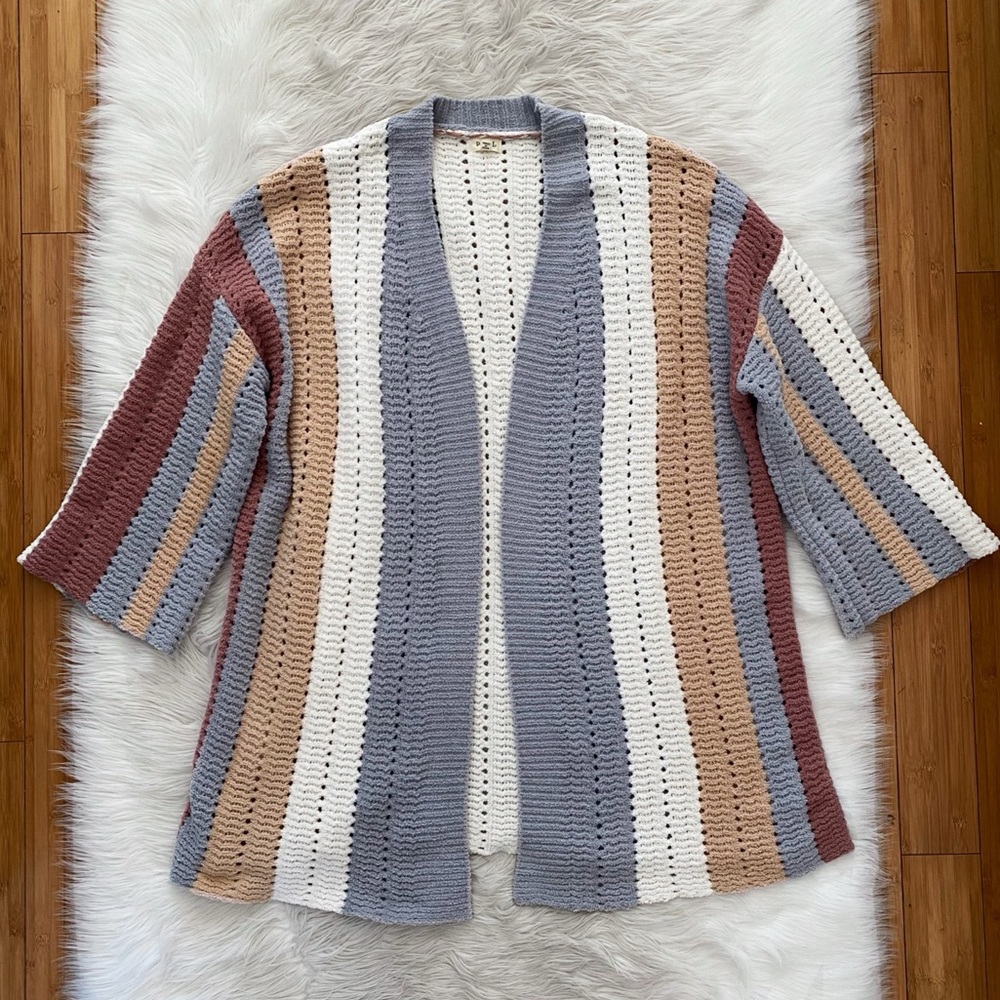 POL Gray Tan White Stripe Chenille Open Front Oversized Long Cardigan Sweater